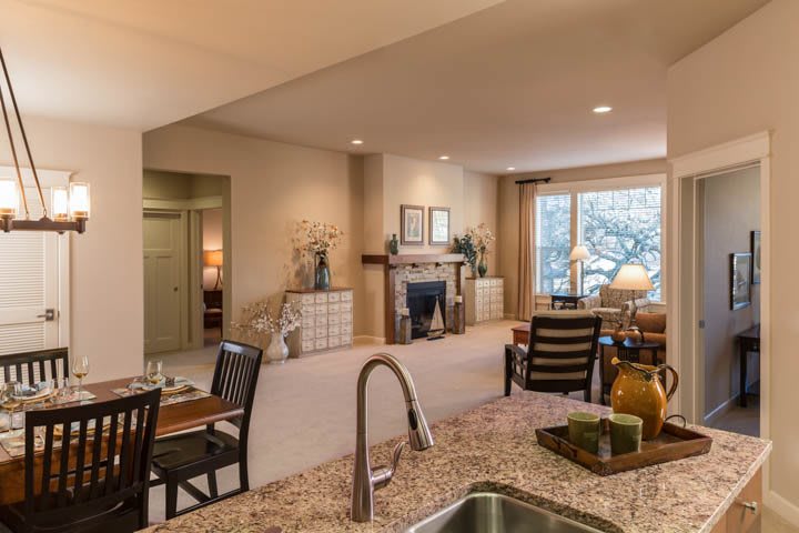 A cozy open-plan living area featuring a fireplace and modern furniture, viewed from the kitchen.
