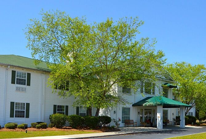 A sunny day view of a residential building with a large tree in front.