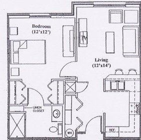 A floor plan of a one-bedroom apartment featuring a living room, kitchen, bathroom, and walk-in closet.