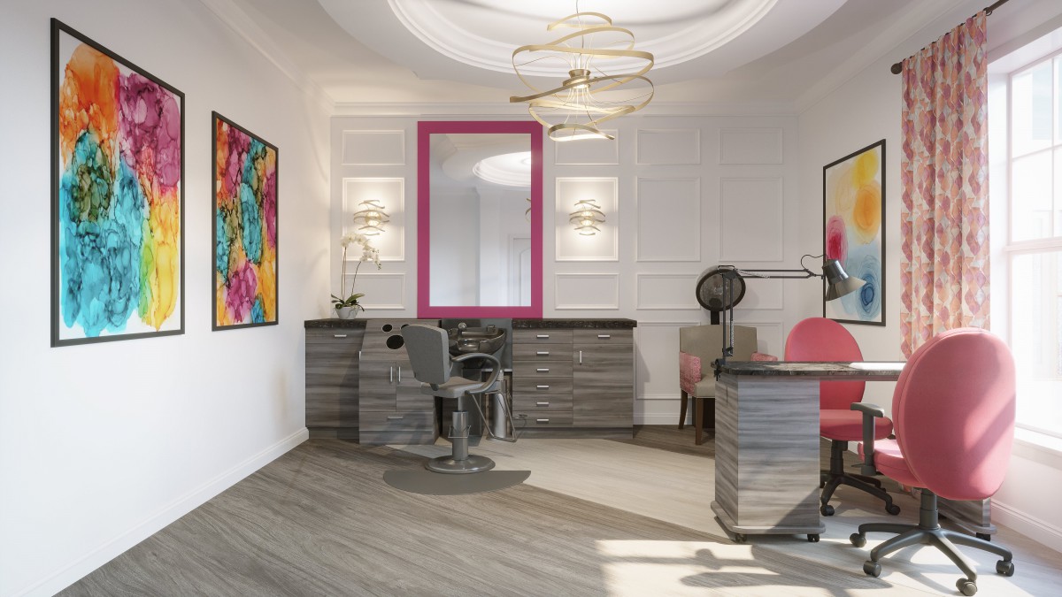 A modern salon interior with stylish decor and comfortable seating.
