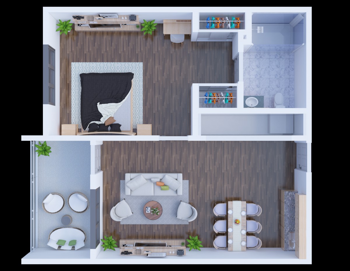 A modern floor plan featuring a spacious living room and dining area with stylish furniture.