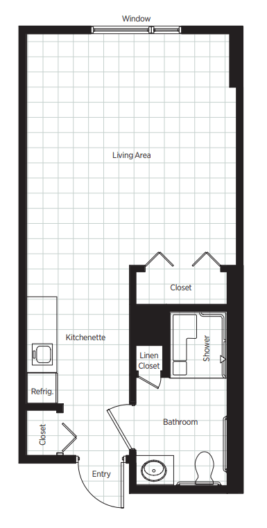 Studio apartment floor plan with a living area, kitchenette, bathroom, and closet.