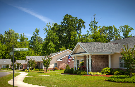 A serene suburban neighborhood with charming houses and lush greenery under a clear blue sky.