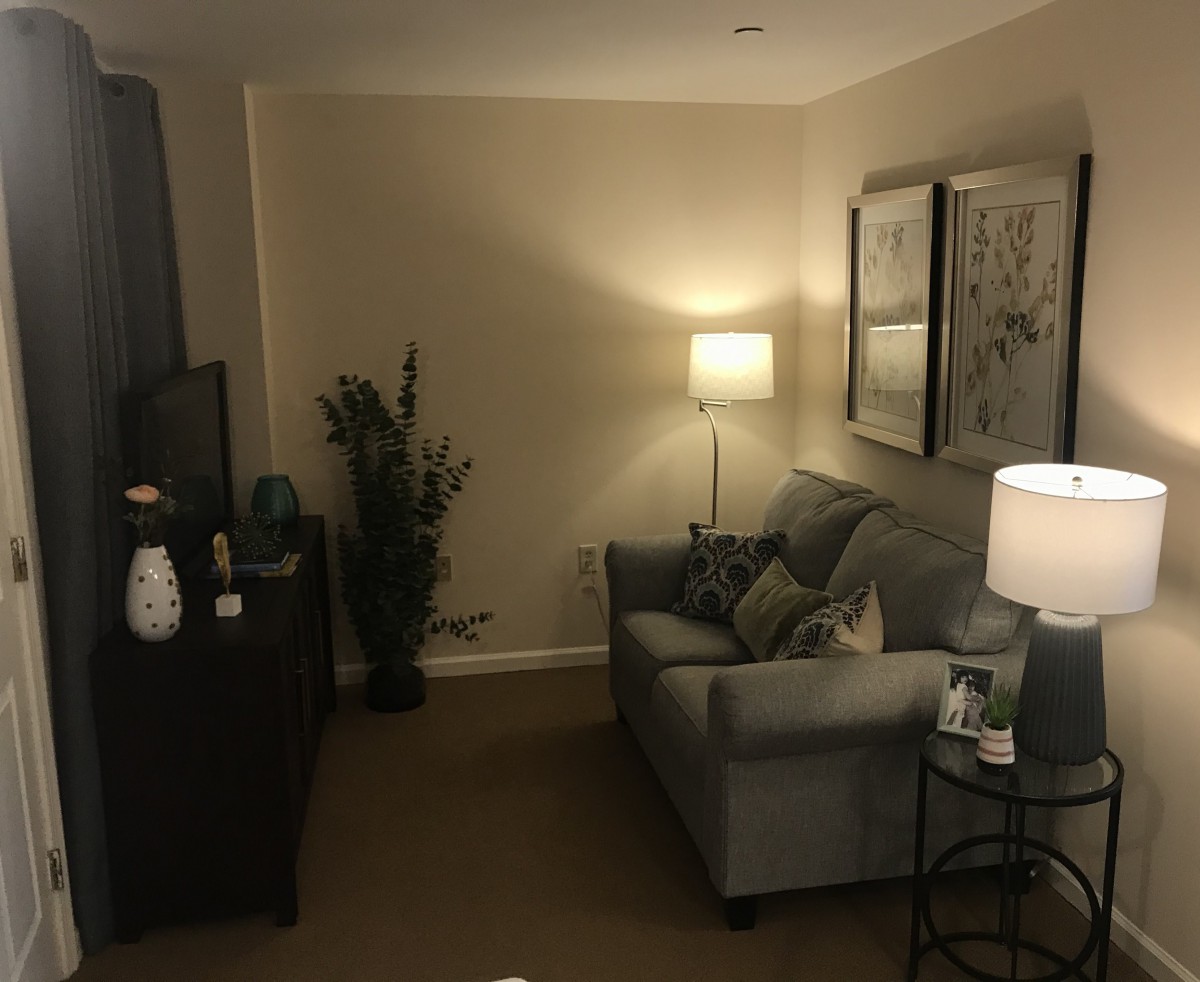 A cozy living room with soft lighting and tasteful decor.