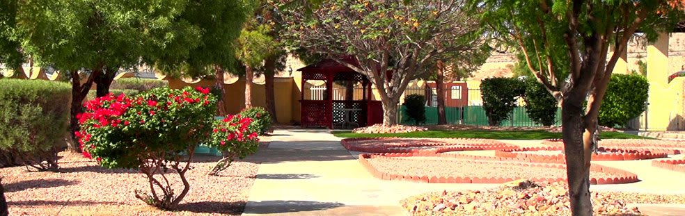 A peaceful garden path leads to a gazebo surrounded by trees.