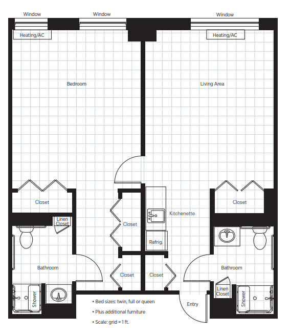 A detailed floor plan of a one-bedroom apartment with designated areas for the living room, kitchen, and bathroom.