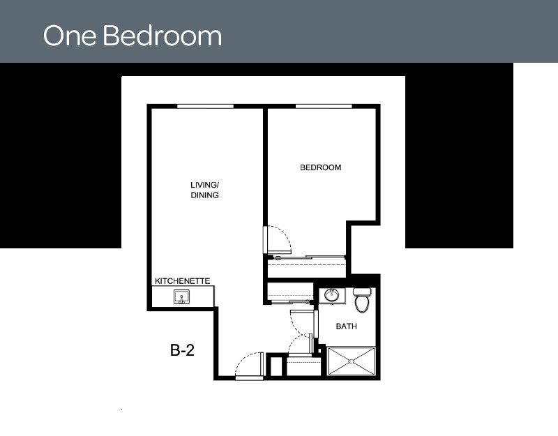 One-bedroom apartment floor plan layout.