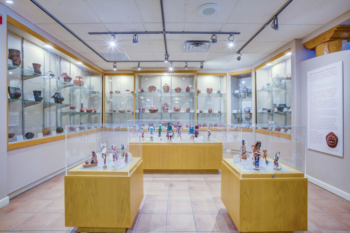 A museum gallery showcasing a collection of artifacts in glass display cases.