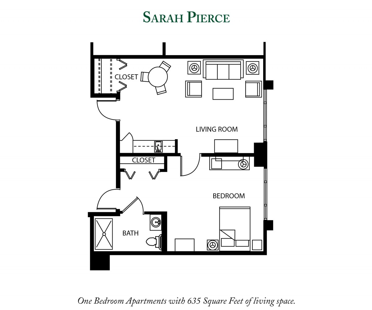A floor plan of a one-bedroom apartment with labeled living areas.