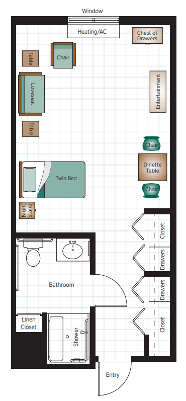 A floor plan showing a bedroom with a twin bed, bookshelf, desk with chair, and an attached bathroom.
