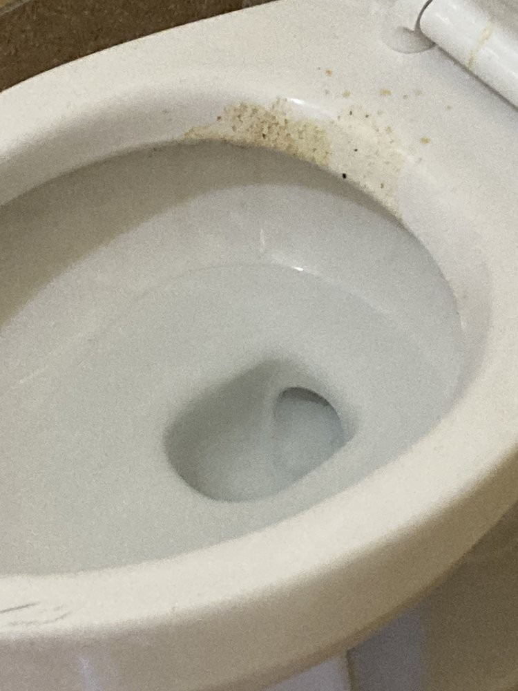 A toilet with visible stains on the rim.