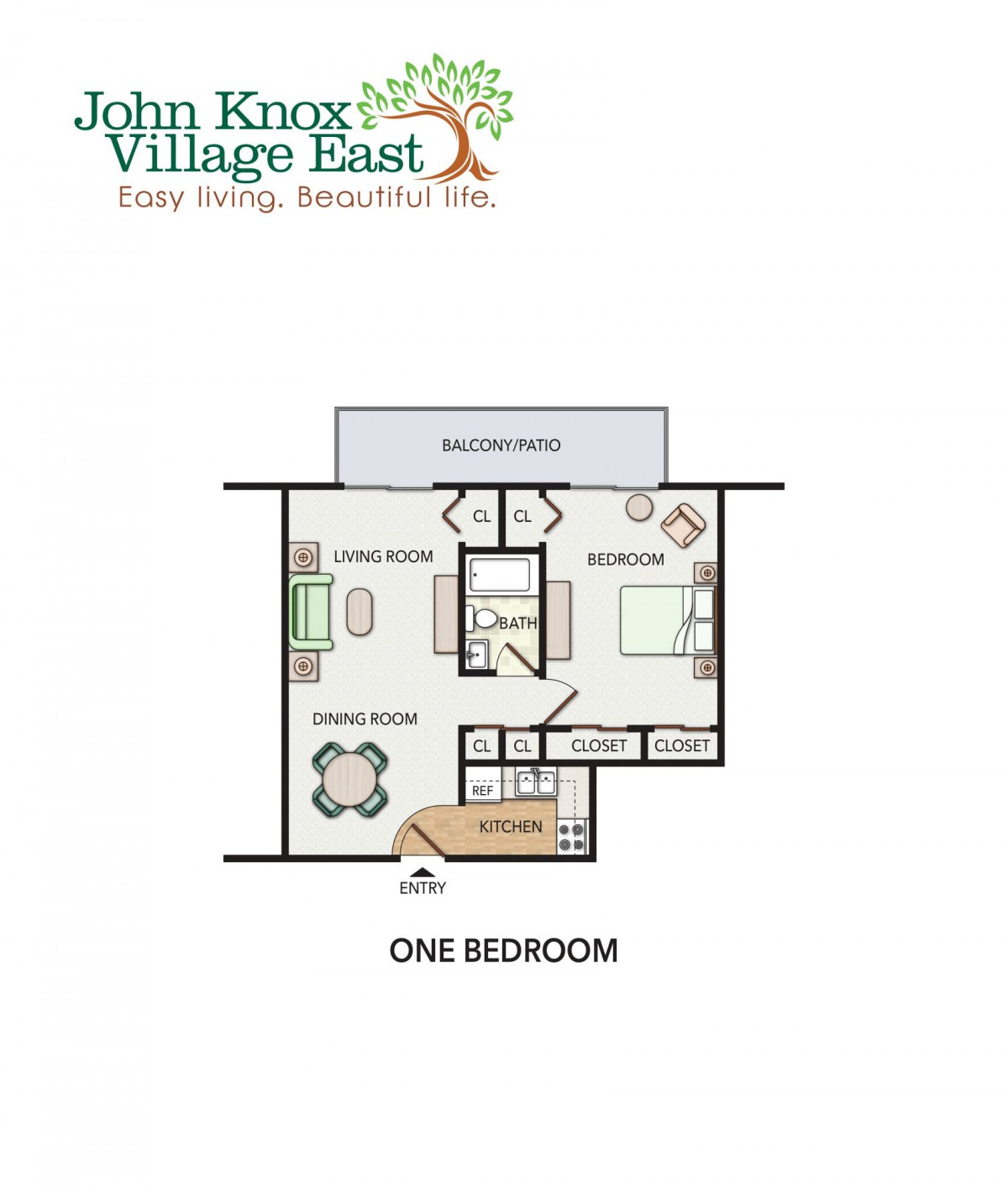 One-bedroom apartment floor plan at John Knox Village East.