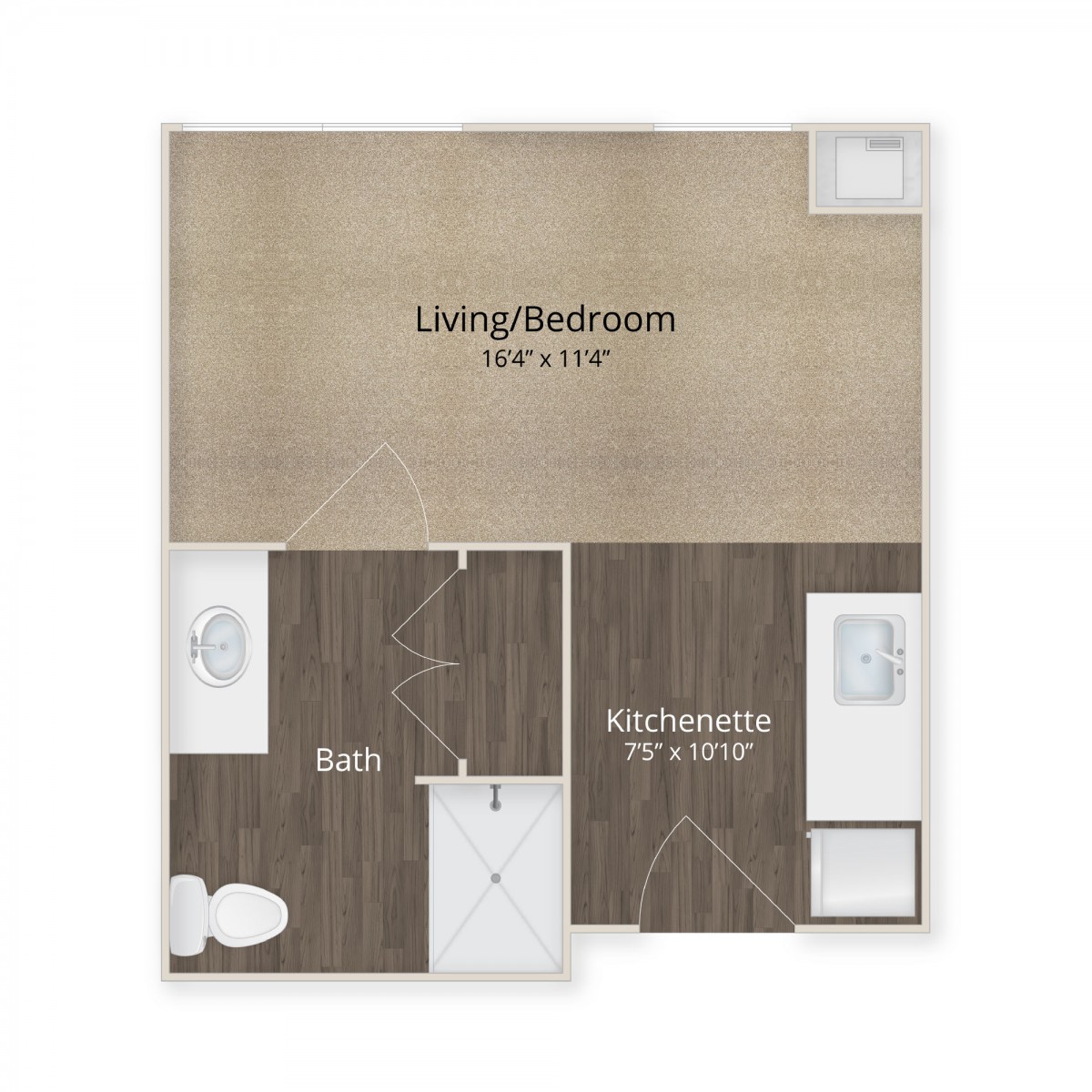 Floor plan of a studio apartment with a combined living/bedroom space, kitchenette, and bathroom.