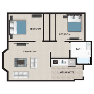 A floor plan of a two-bedroom apartment with a living room, kitchen, and bathroom.