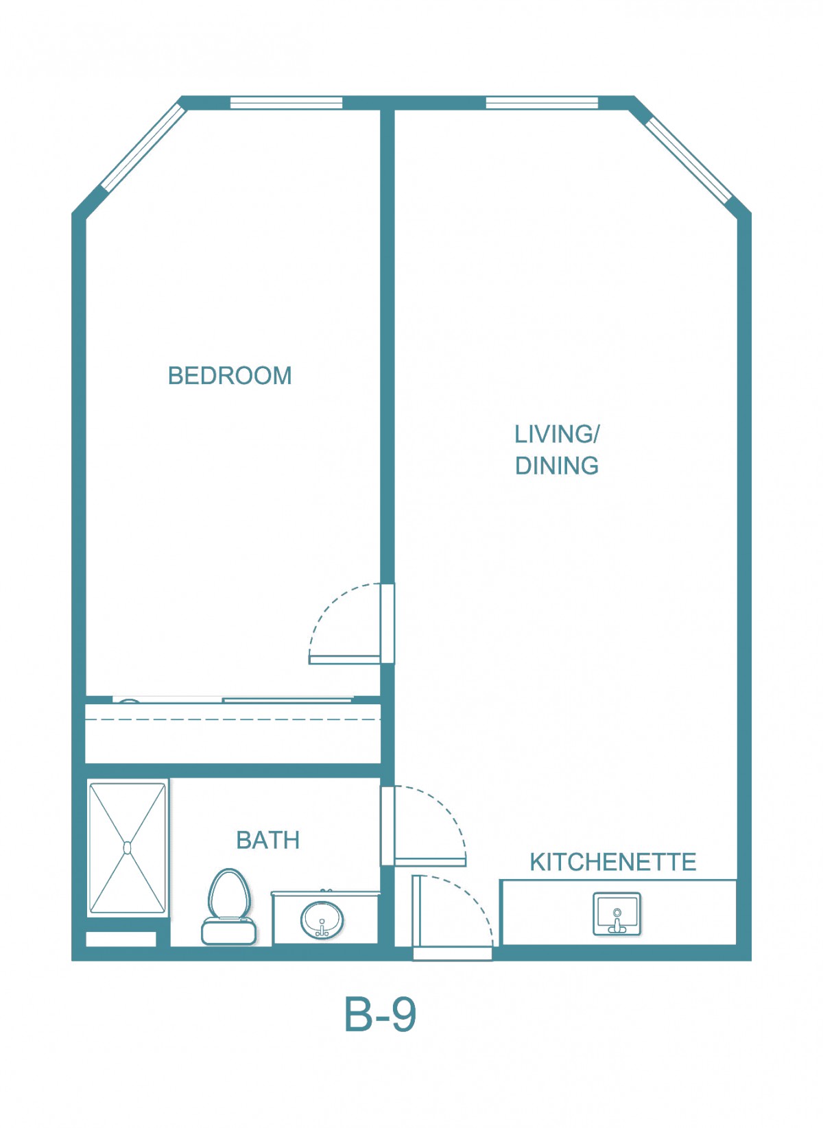 A simple apartment floor plan featuring a bedroom, living/dining area, kitchenette, and bathroom.