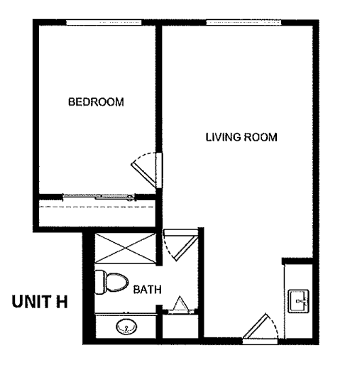 A simple floor plan of Unit H featuring a bedroom, living room, and bathroom.