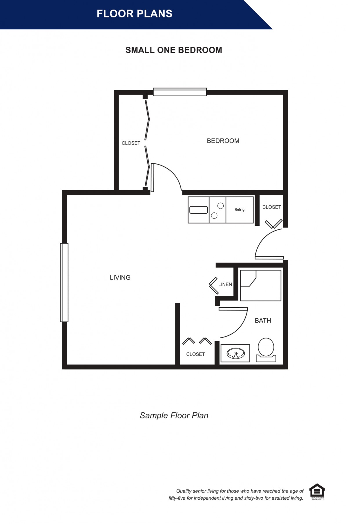 A simple apartment floor plan featuring one bedroom, a living area, and a bathroom.