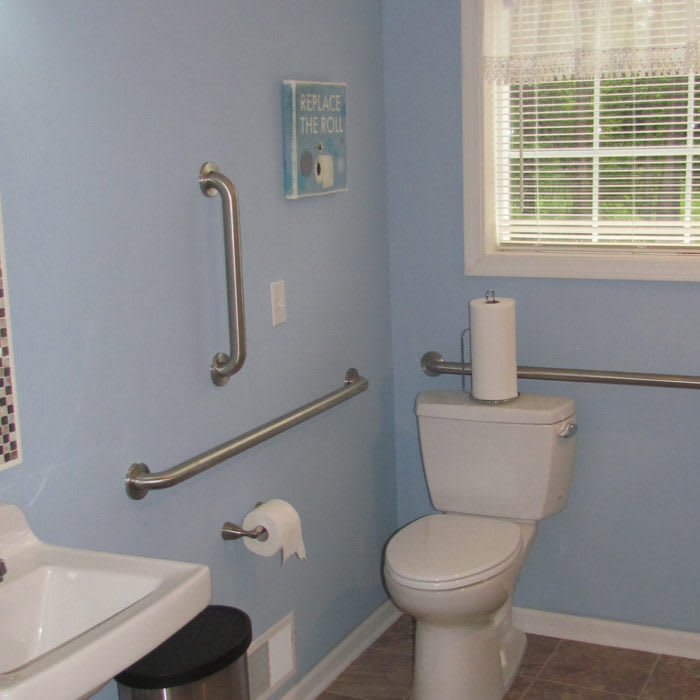 A bathroom equipped with grab bars for accessibility alongside a toilet and sink.