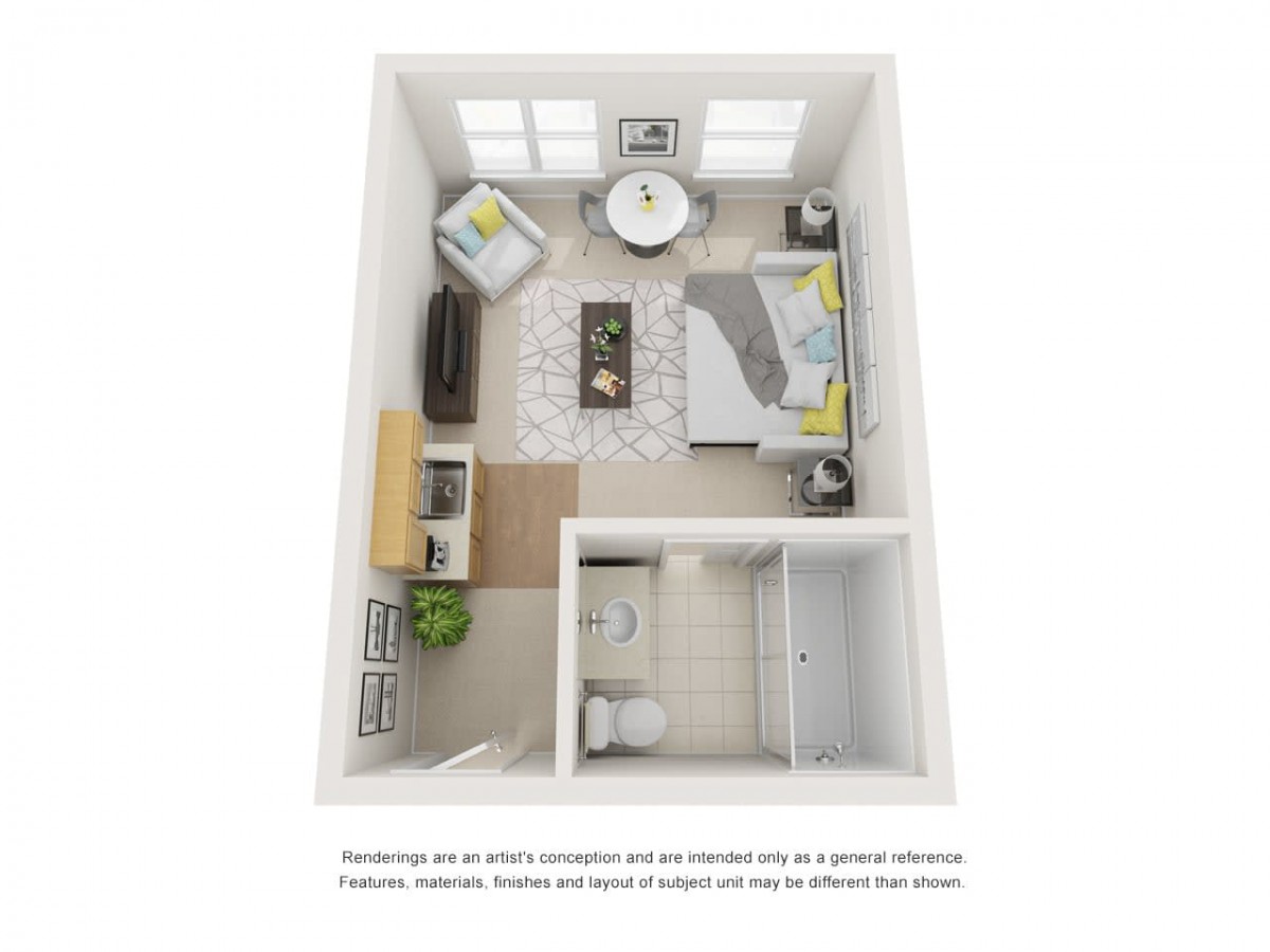 3D floor plan of a studio apartment featuring a living area, bedroom, kitchen, and bathroom.