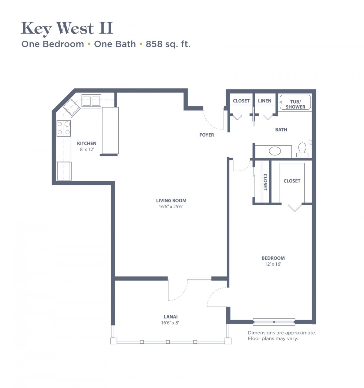 Key West II floor plan featuring a one-bedroom, one-bathroom layout with 638 sq. ft.