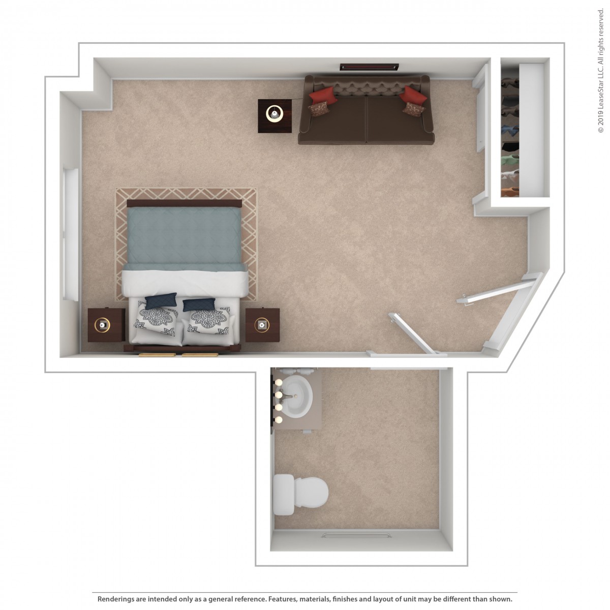 A small bedroom floor plan featuring a bed, desk, and bathroom.