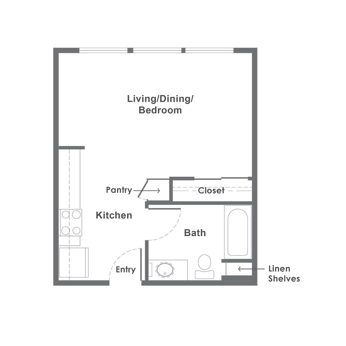 A floor plan of a studio apartment including living/dining/bedroom area, kitchen, bath, closet, and linen shelves.