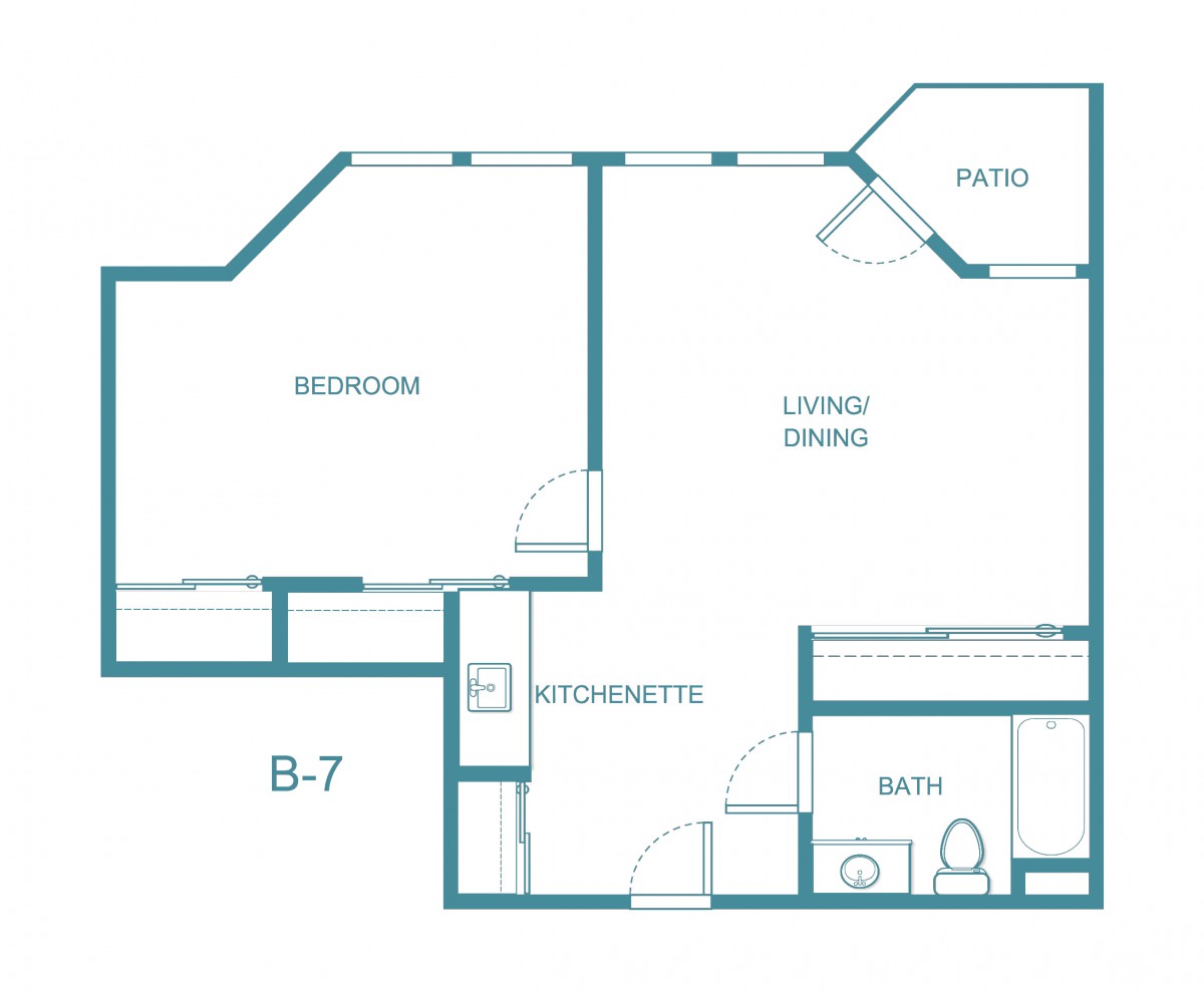 A blueprint of a one-bedroom apartment featuring a living/dining area, kitchenette, and bathroom.