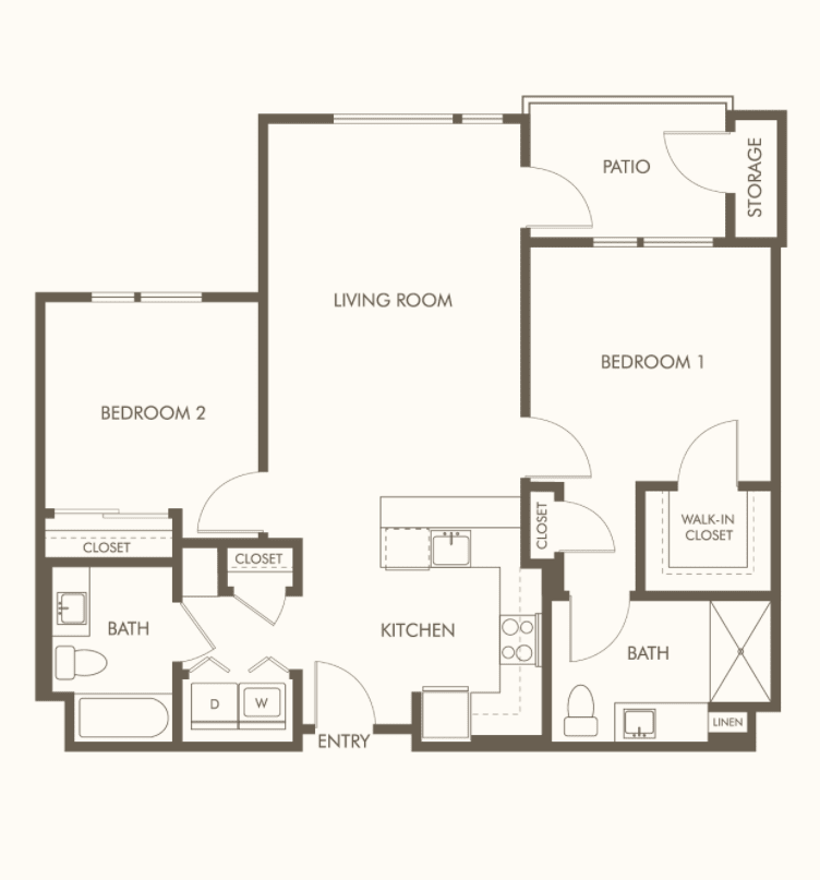 A floor plan showing the layout of an apartment with two bedrooms, a kitchen, a bathroom, and a living room.