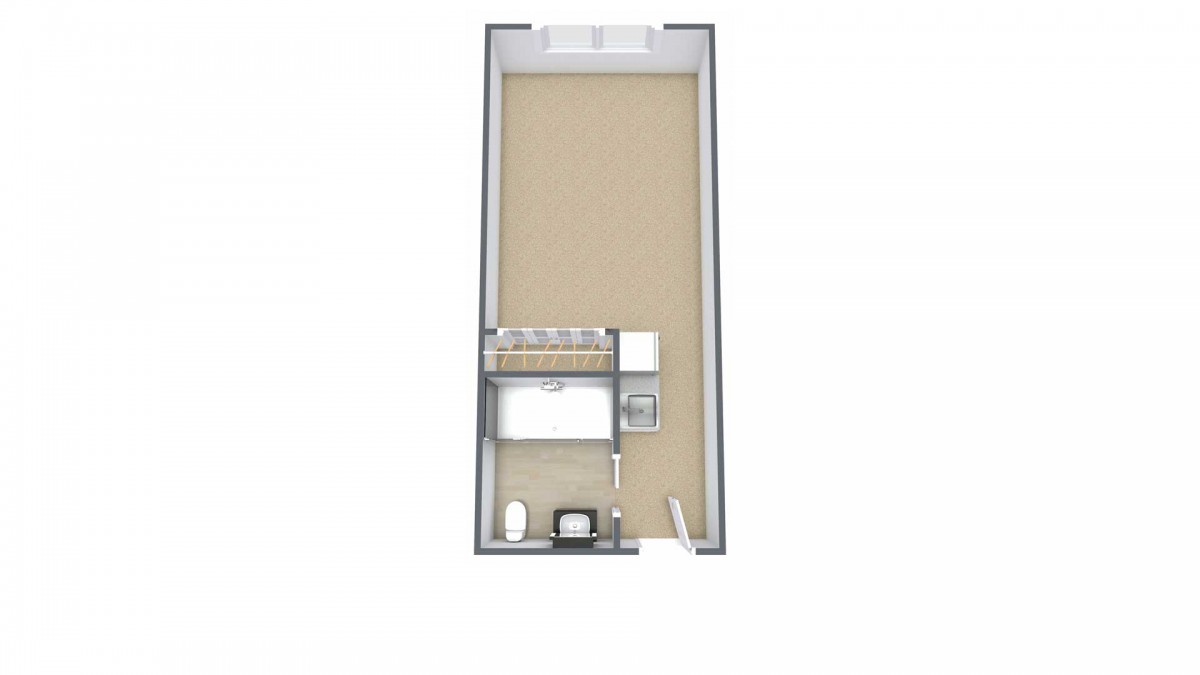 A floor plan of a studio apartment with a bathroom and kitchenette.