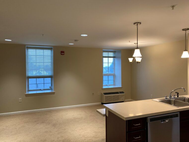 An empty apartment with a view of the living area and kitchen, featuring carpeted floors and two windows.