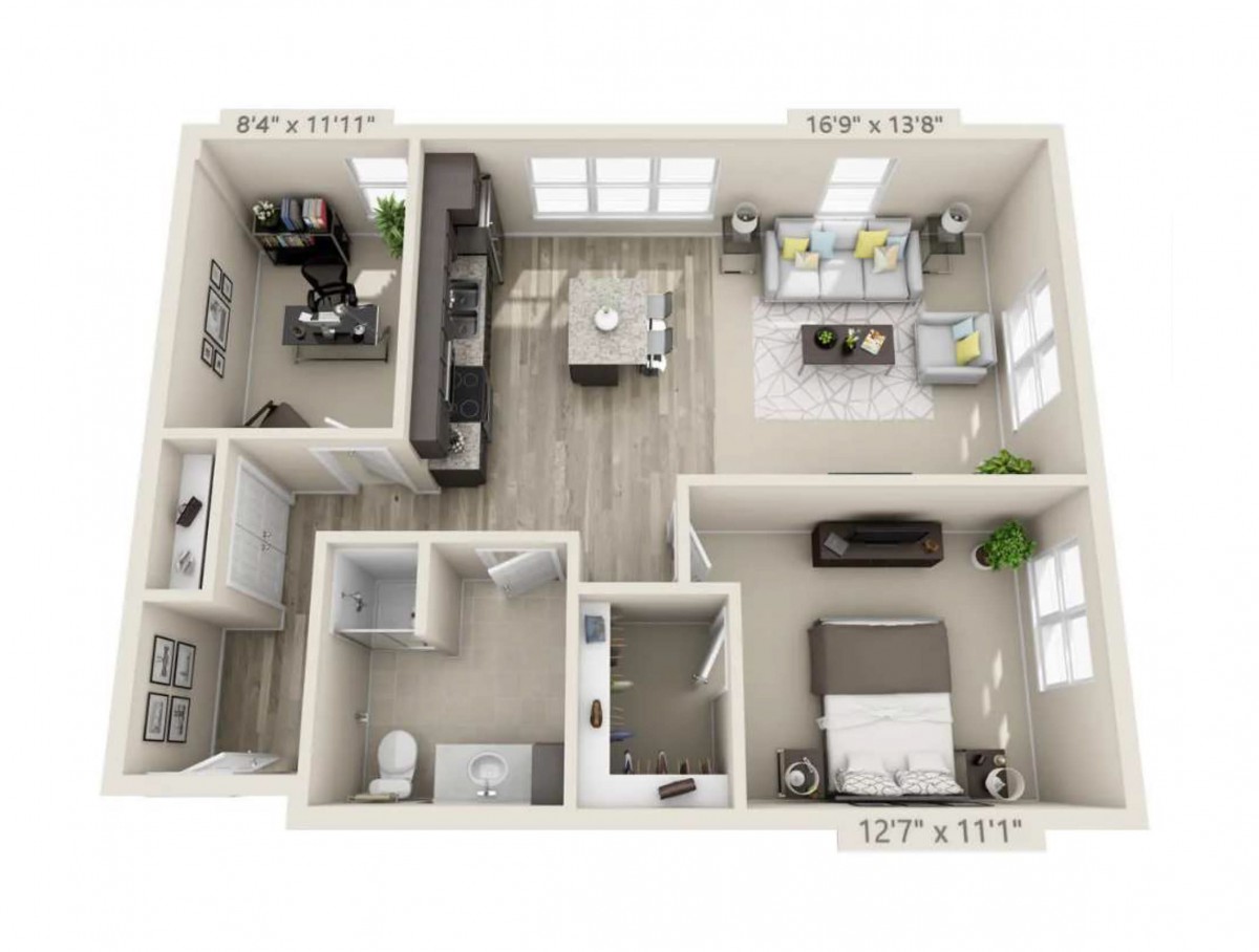 A 3D floor plan of a two-bedroom apartment featuring an open concept living area and kitchen.