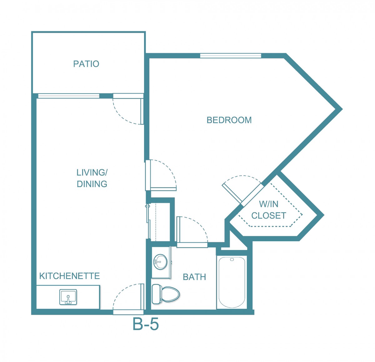 A simple apartment floor plan showing a living area, bedroom, bath, kitchenette, and patio.