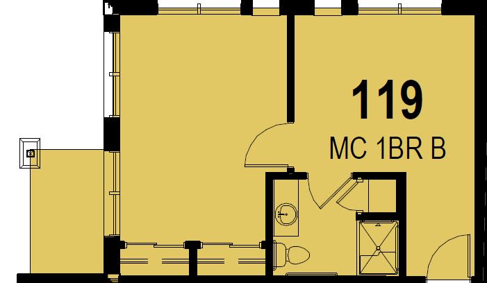 A section of a floor plan showing the layout of a room with an adjoining bathroom.