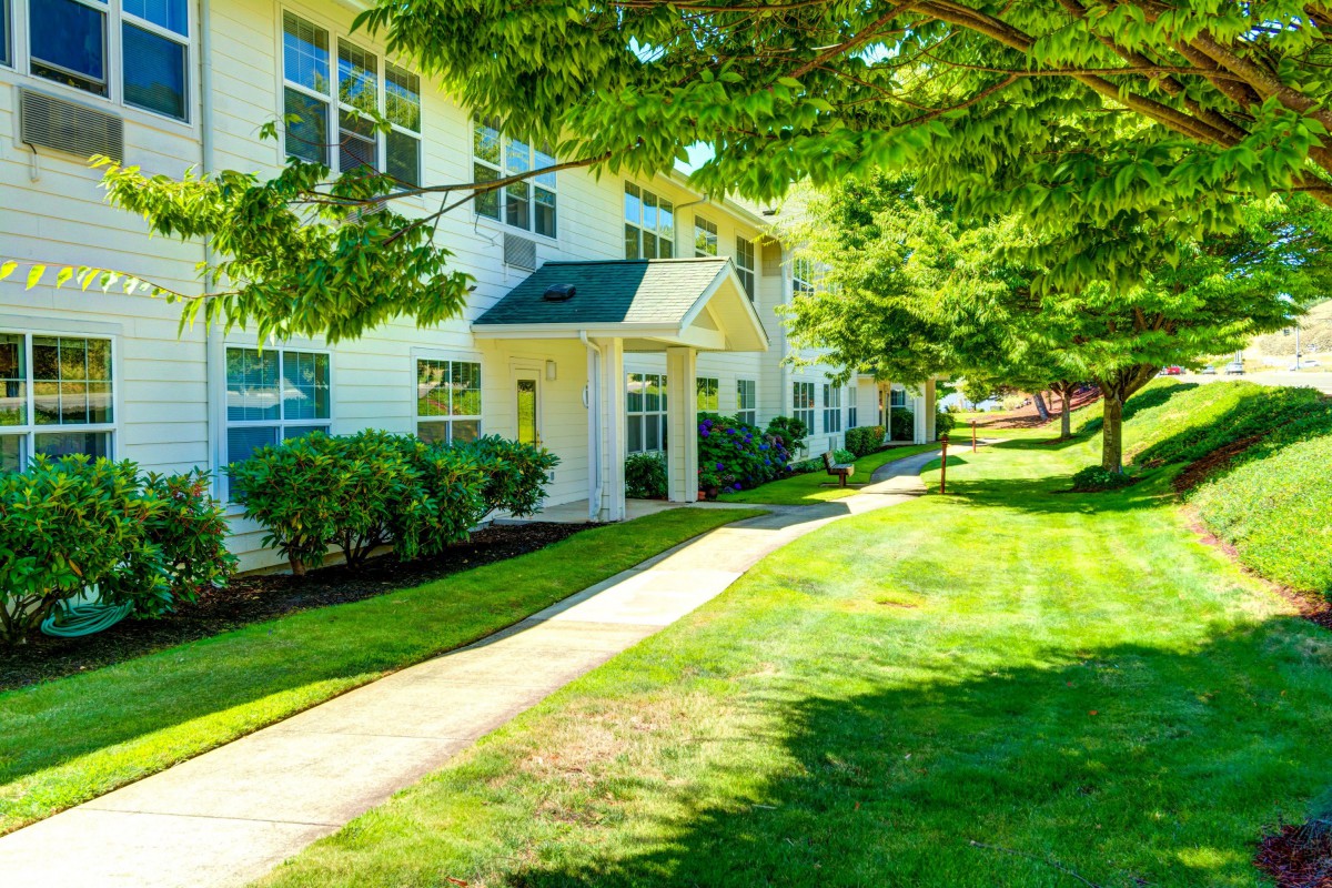 A sunny day view of an apartment building with a lush green lawn and pathway.
