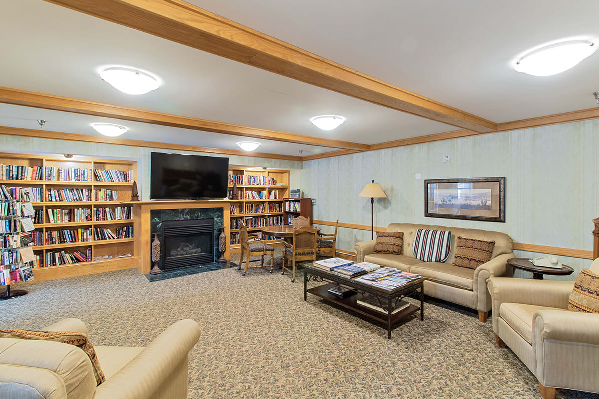 A cozy living room with sofas, a large television, and bookshelves lining the walls.