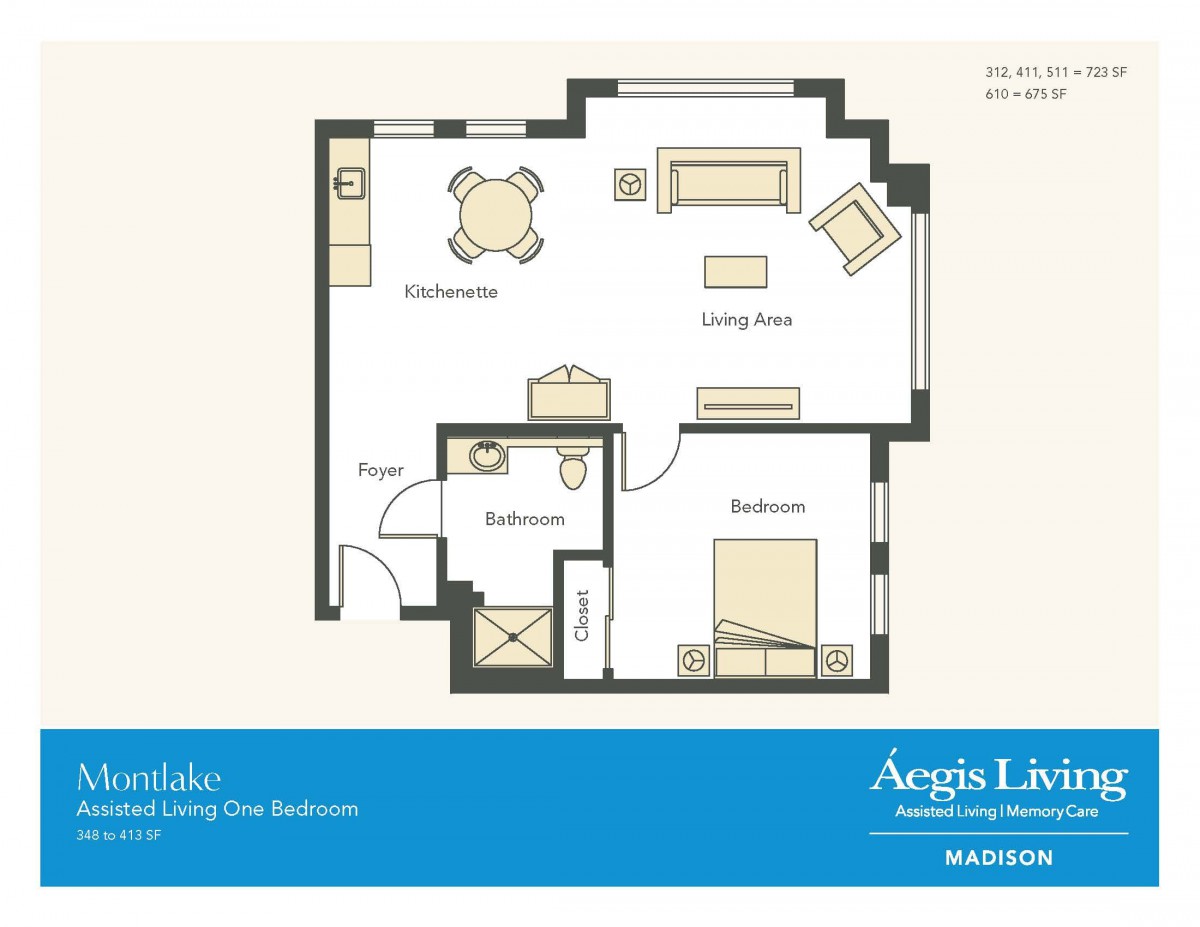 Floor plan of a one-bedroom apartment with living and dining areas.