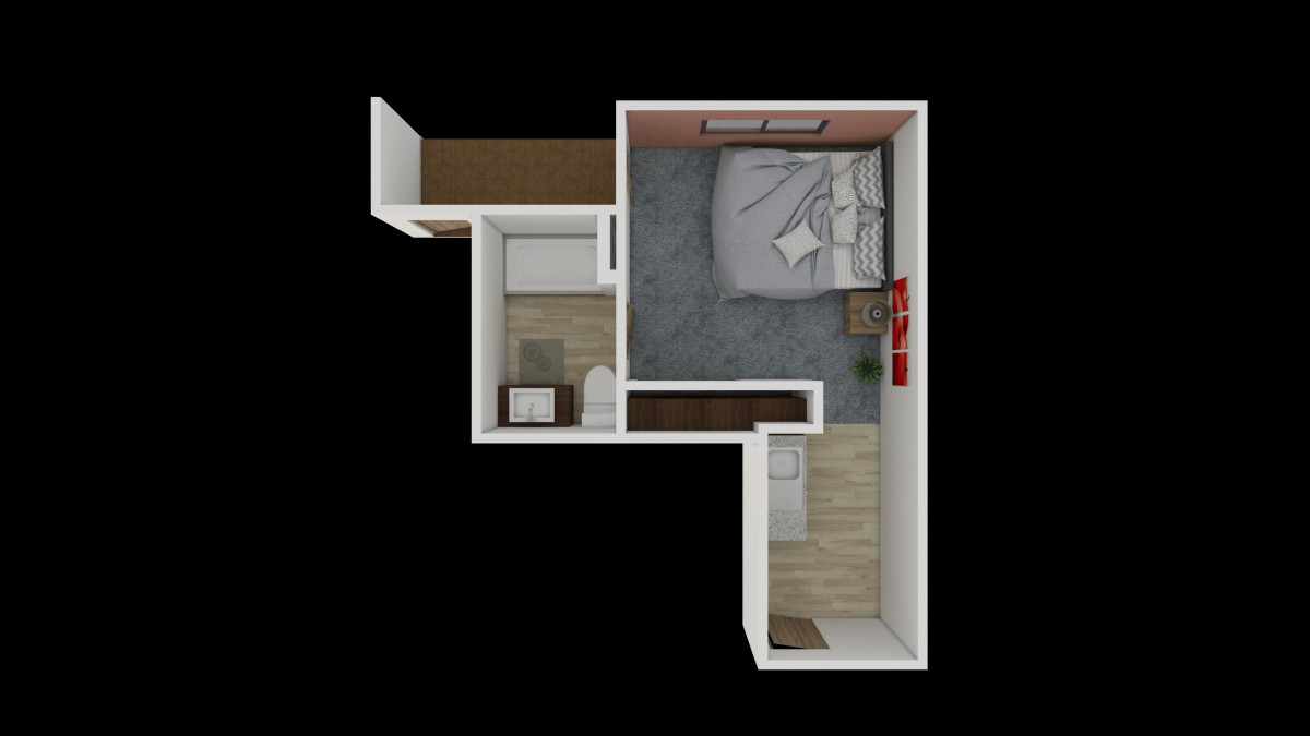 3D floor plan of a compact apartment featuring a bedroom, bathroom, and entryway.