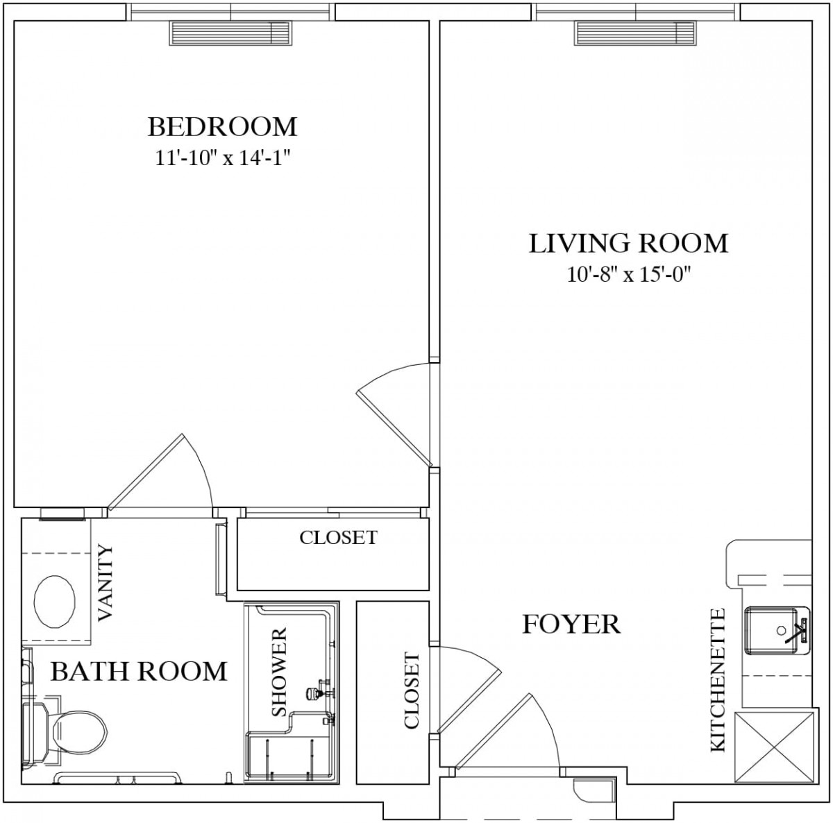 A floor plan of an apartment featuring a bedroom, bathroom, living room, foyer, and closet.