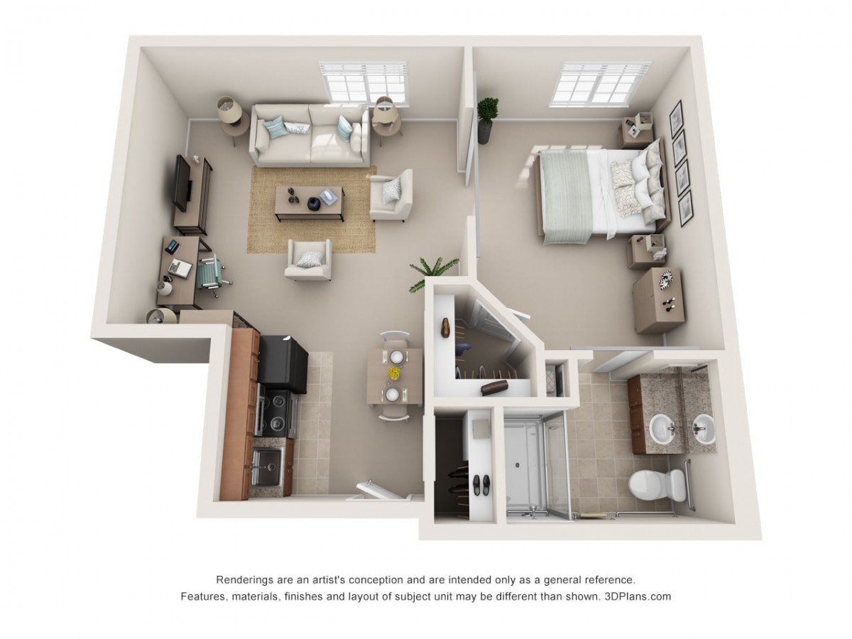 A 3D rendering of a one-bedroom apartment floor plan showing the living room, kitchen, bedroom, and bathroom.