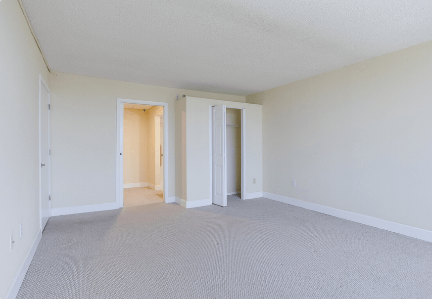 A spacious empty room with a carpeted floor, white walls, and a built-in closet.