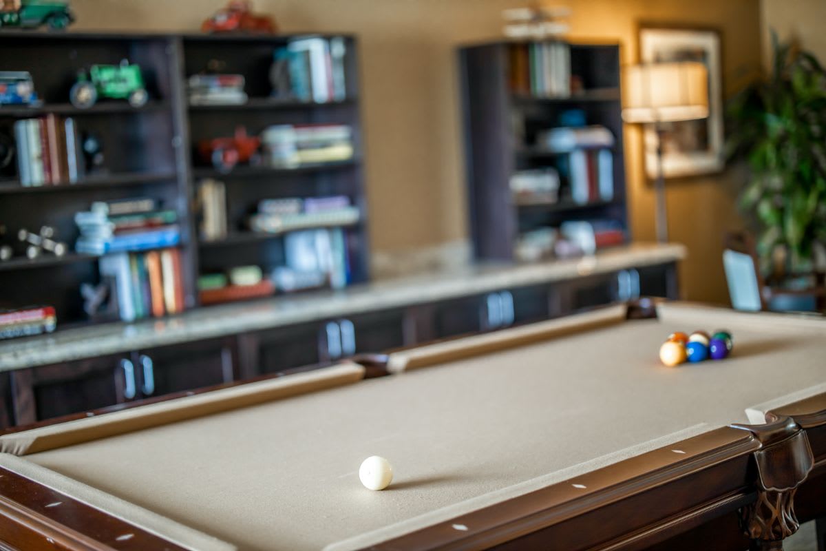 A cozy game room with a pool table and bookshelves in the background.