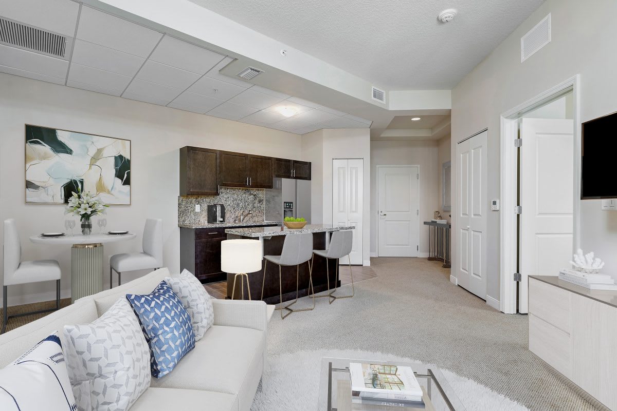 A modern apartment with an open-concept living room and kitchen area, featuring stylish furniture and decor.