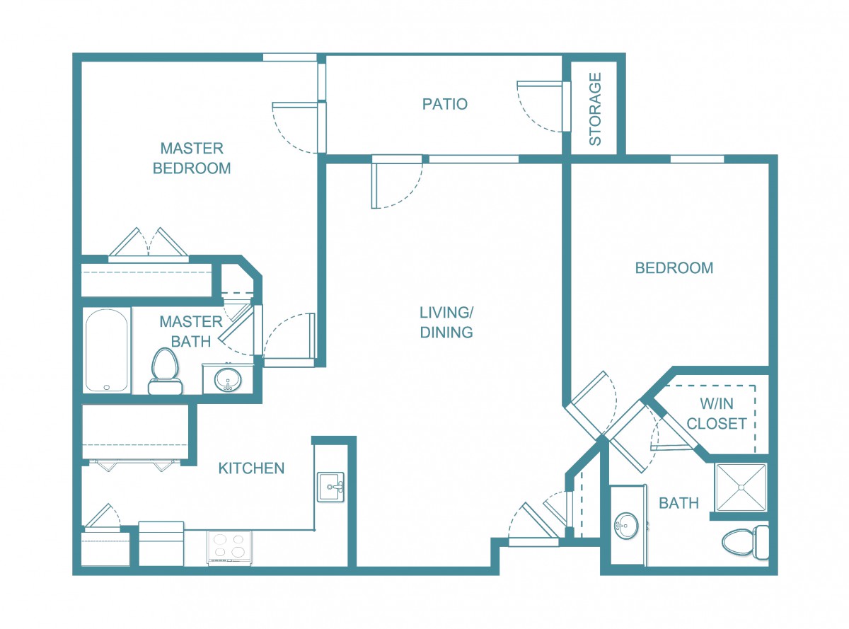 A floor plan of an apartment showing the layout of rooms, including a master bedroom, kitchen, living/dining area, and patio.