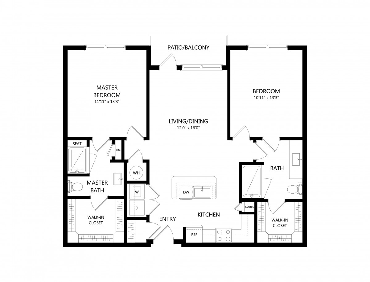 A floor plan of a two-bedroom apartment featuring a master bedroom with en-suite bathroom, a second bedroom, living area, kitchen, and balcony.