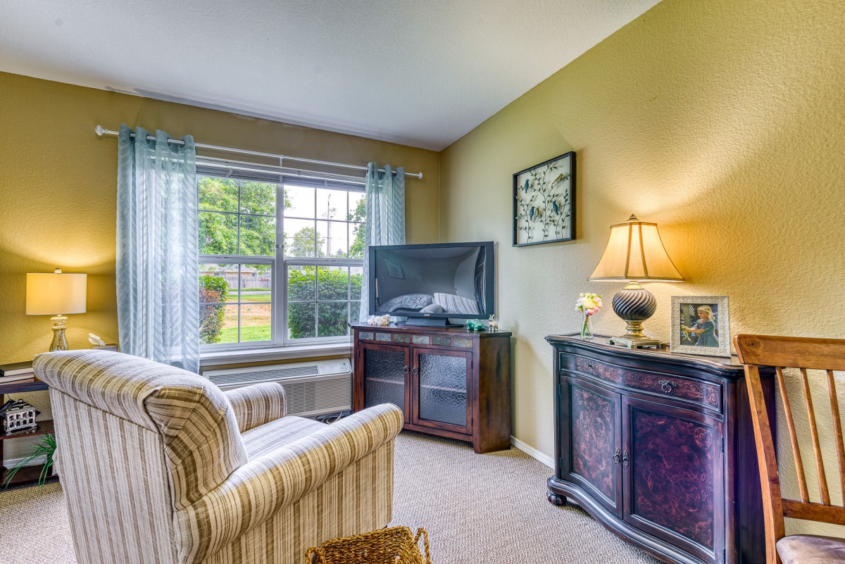 A cozy living room with a TV, comfortable armchair, and a window letting in natural light.