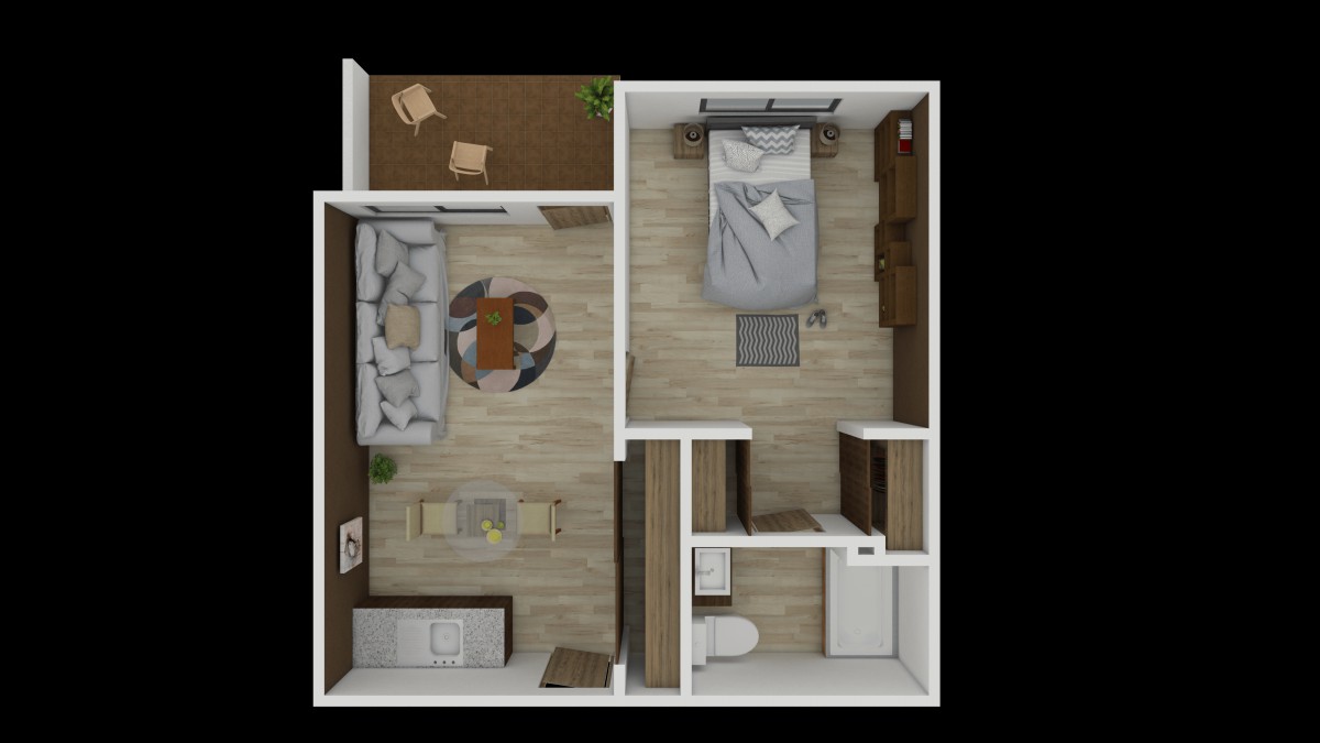 A top-view floor plan of a small apartment featuring a living room, bedroom, and bathroom.