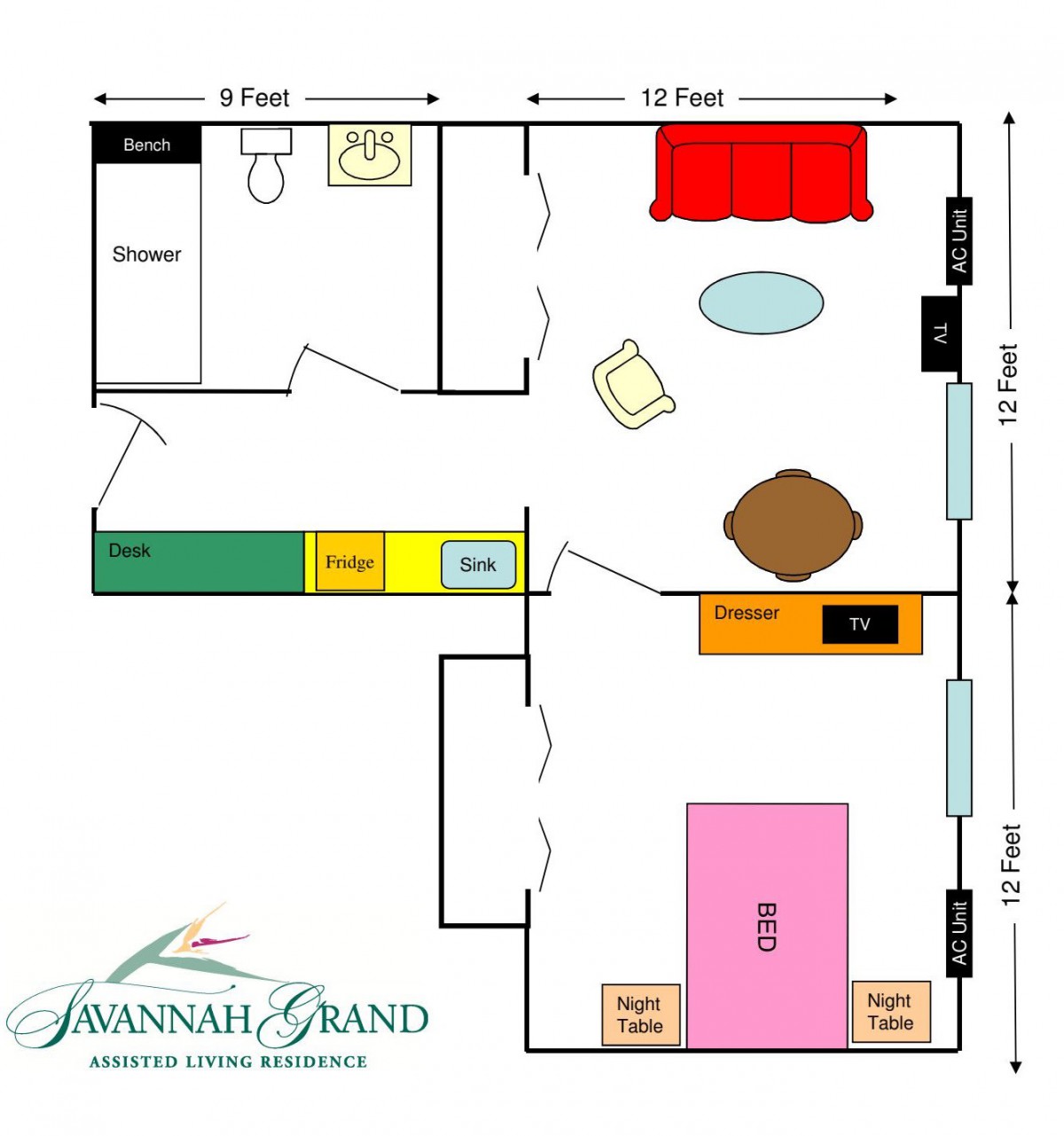 A floor plan of an apartment with labeled rooms and furniture placement.