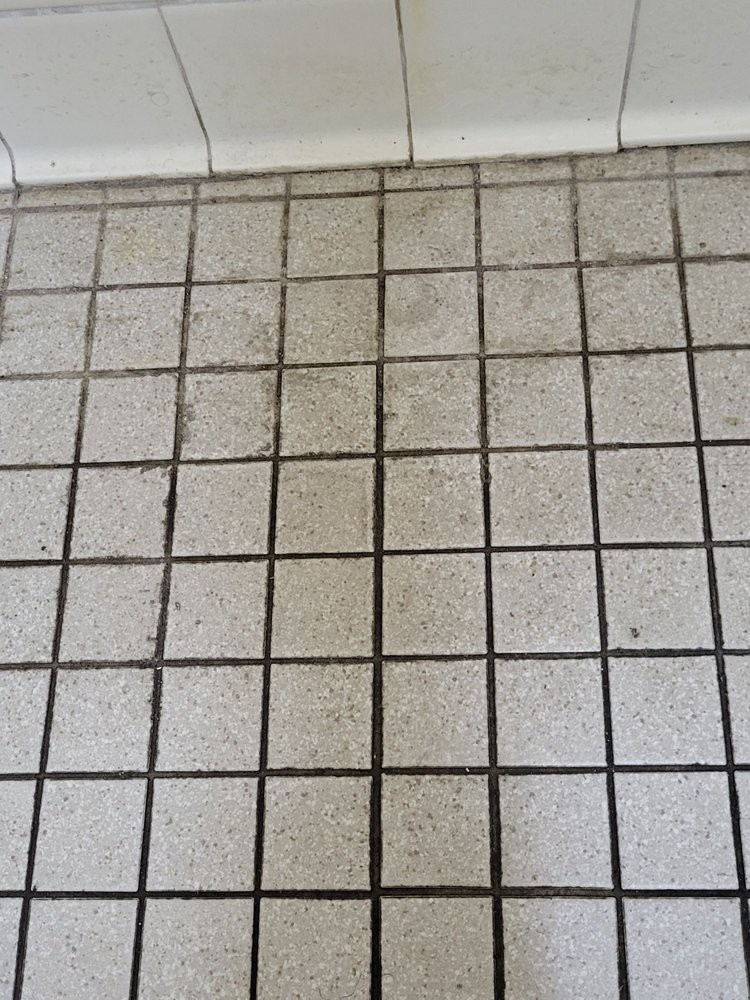 A tiled floor with a grid pattern and visible grout lines.