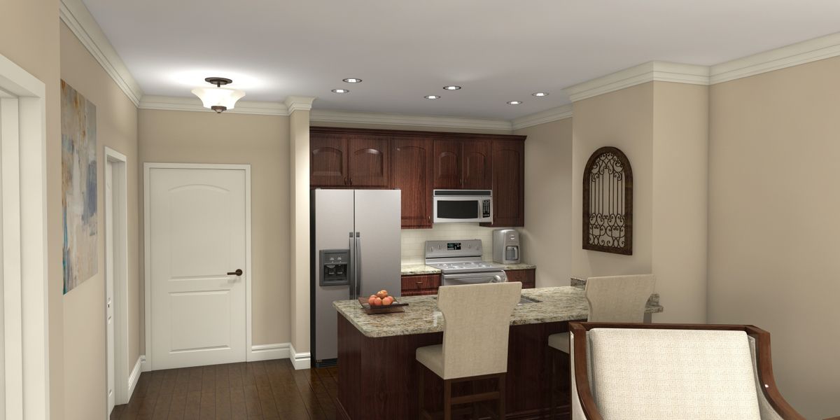 A modern kitchen with dark wood cabinets, stainless steel appliances, and a central island with bar stools.