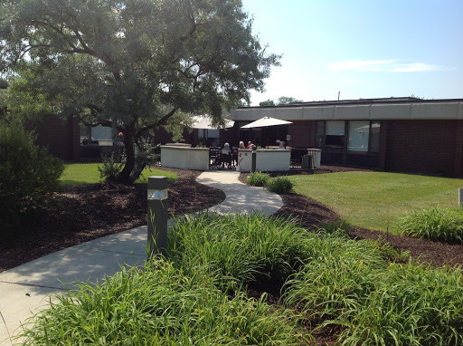 A peaceful residential area with a winding pathway and lush greenery.